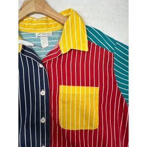 Vintage Lugano Colorblock Pinstripe Button Down Shirt Womens L Red Blue Yellow